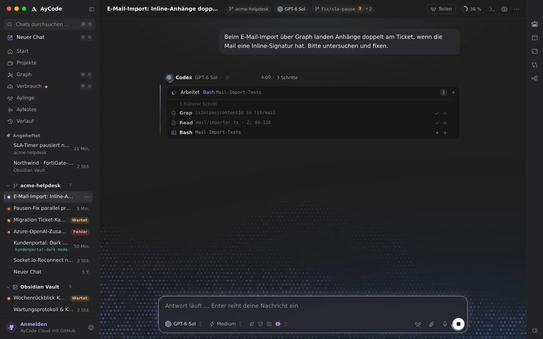 A running chat: every step of the agent is a line you can open, with live +/− counts.