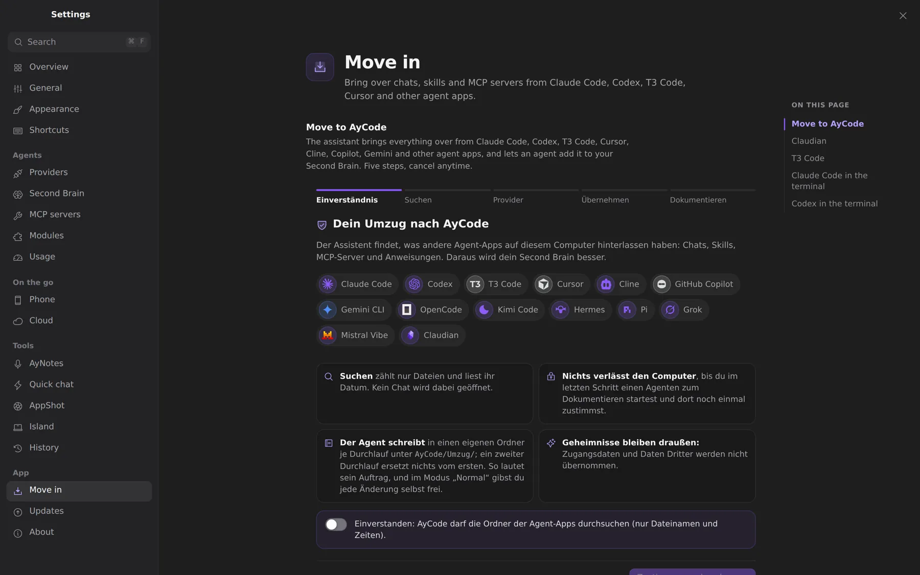 The move-in assistant in AyCode’s settings: consent, search, providers, take over, document