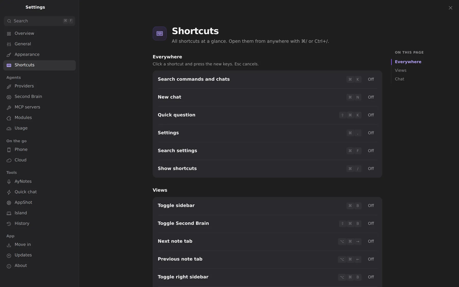 Settings → Shortcuts: click a shortcut and press new keys to change it.