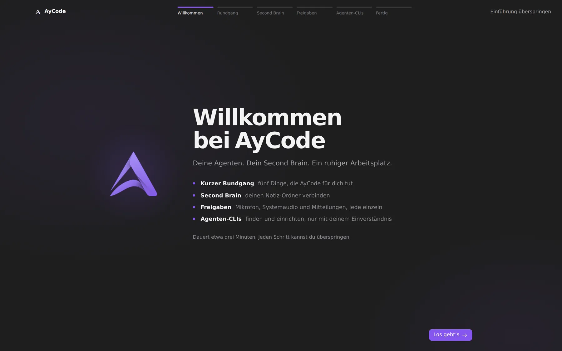 Welcome, tour, Second Brain, permissions, agent apps, done.