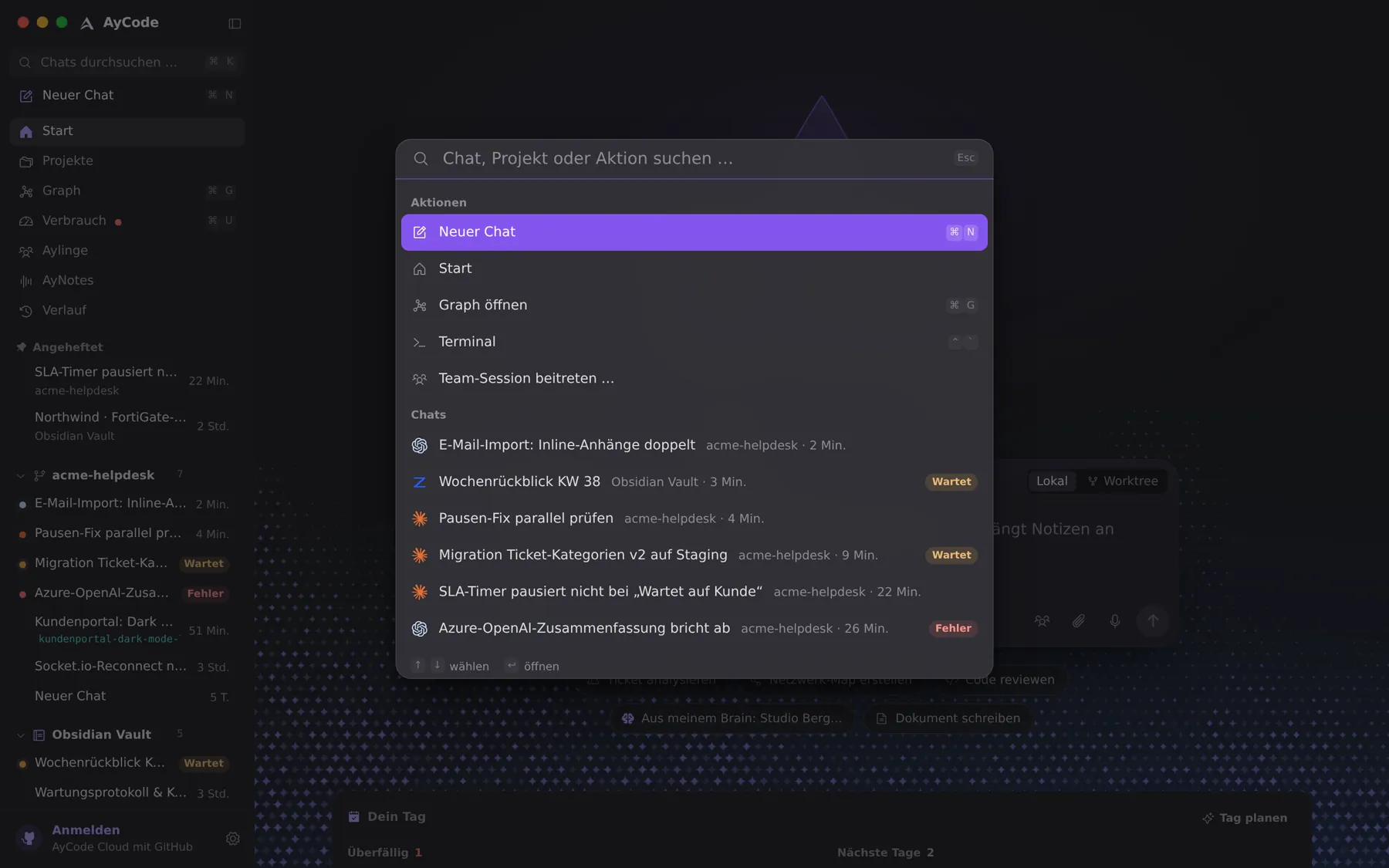 ⌘K: actions first, then your chats.